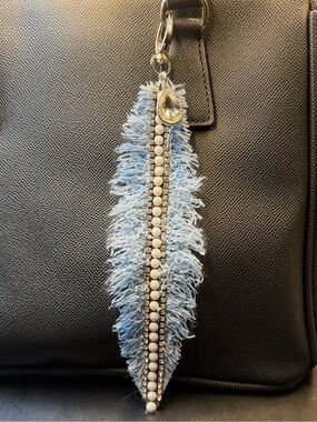 Hand Crafted Fringed Denim Pearl and Faux Crystal Bag Charm NWOT